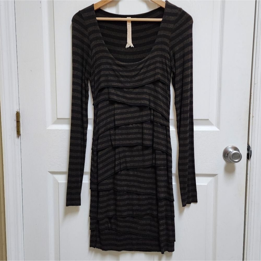 B44 Dressed M Black Brown Striped Scoop Long Sleeve Bandage Bodycon Stretch USA